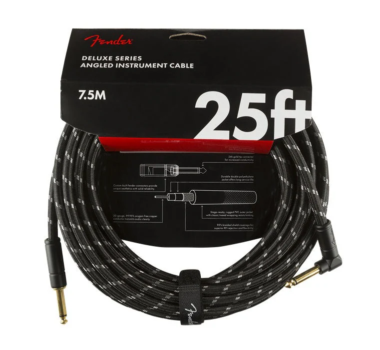 Fender Deluxe Series 25' Angled Instrument Cable Black Tweed