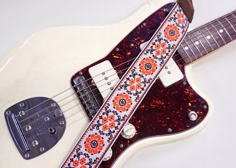 Couch Straps Cork and Orange Flowers Hippie Weave Guitar Strap - Image 3
