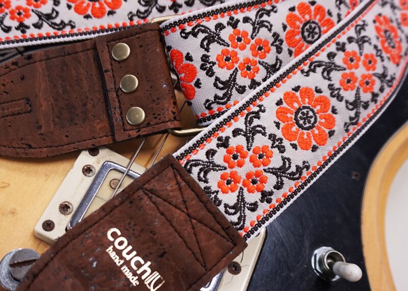 Couch Straps Cork and Orange Flowers Hippie Weave Guitar Strap - Image 4