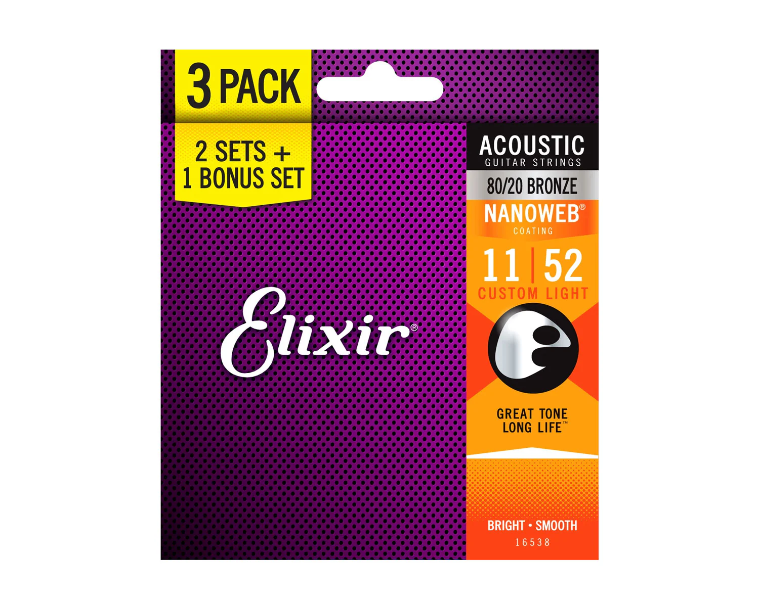 Elixir 16538 Nanoweb 80/20 Custom Light Acoustic Guitar Strings 11-52 (3 Pack)