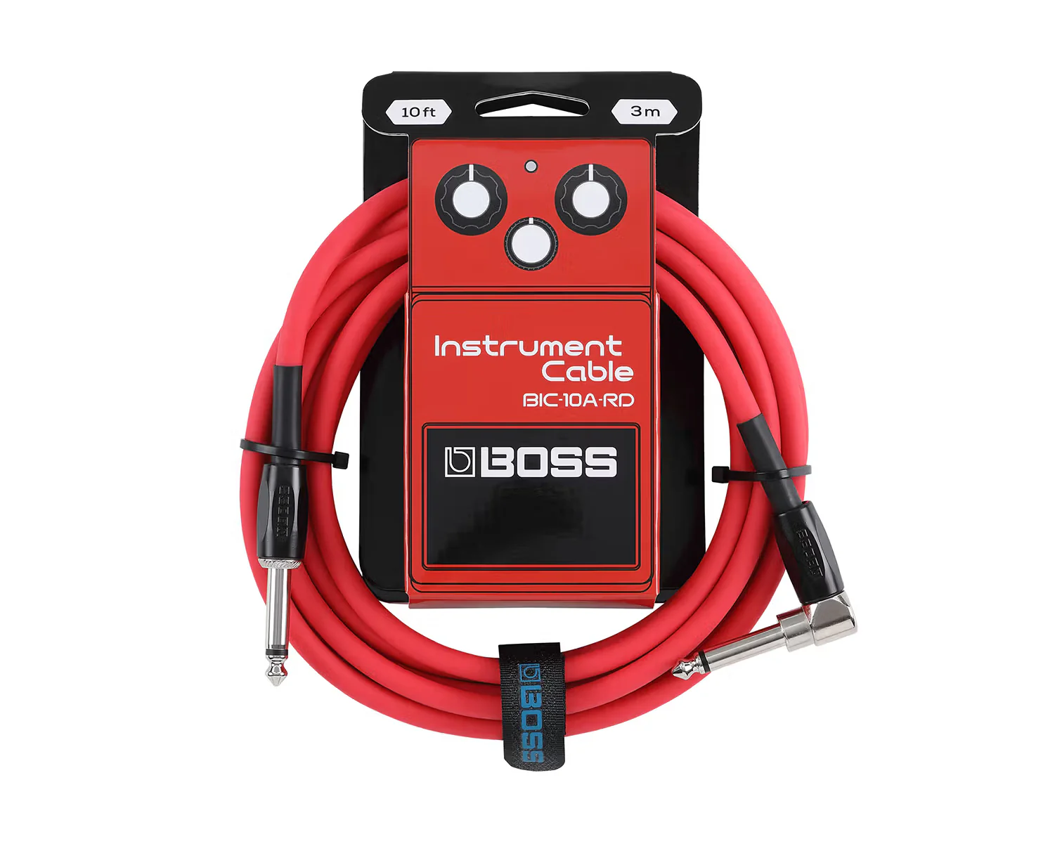 BOSS BIC10A-RD Right-Angle 1/4" to Straight 1/4" Instrument Cable - 10ft Red