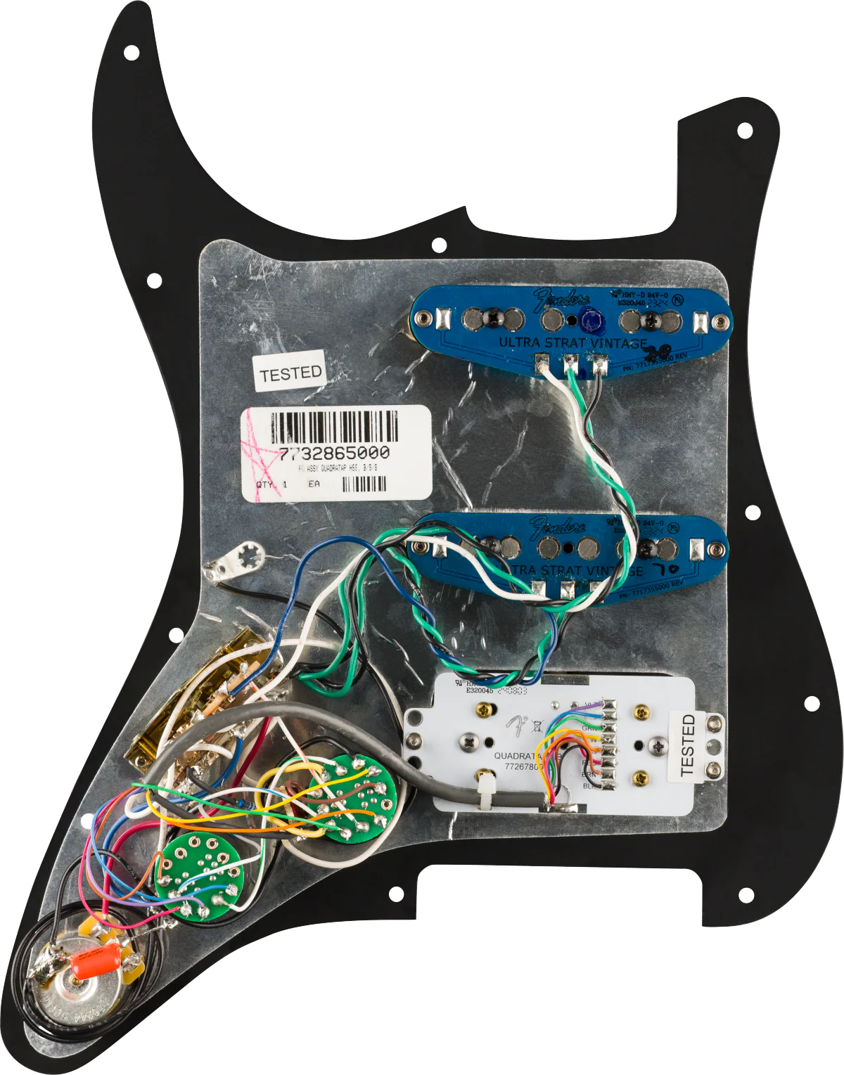Fender Pre-Wired Strat Pickguard Quadra Tap/Ultra Noiseless HSS 11 Hole PG - Black - Image 2
