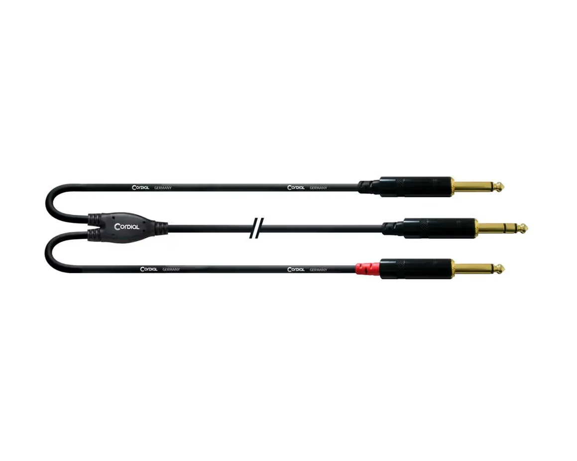 Cordial Essentials REAN Plug 6.3mm Stereo Gold to 2x 6.3MM Mono Gold - Long Pigtail Side (1.5m)
