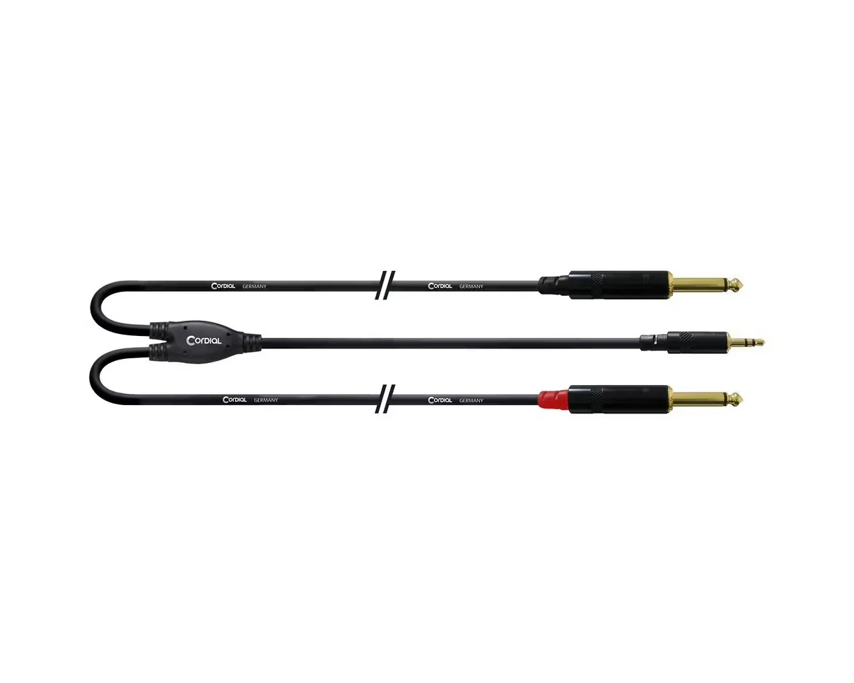 Cordial Essentials REAN Plug 3.5mm Stereo Gold to 2x Plug 6.3mm Mono Gold - Long Pigtail Side (1.5m)