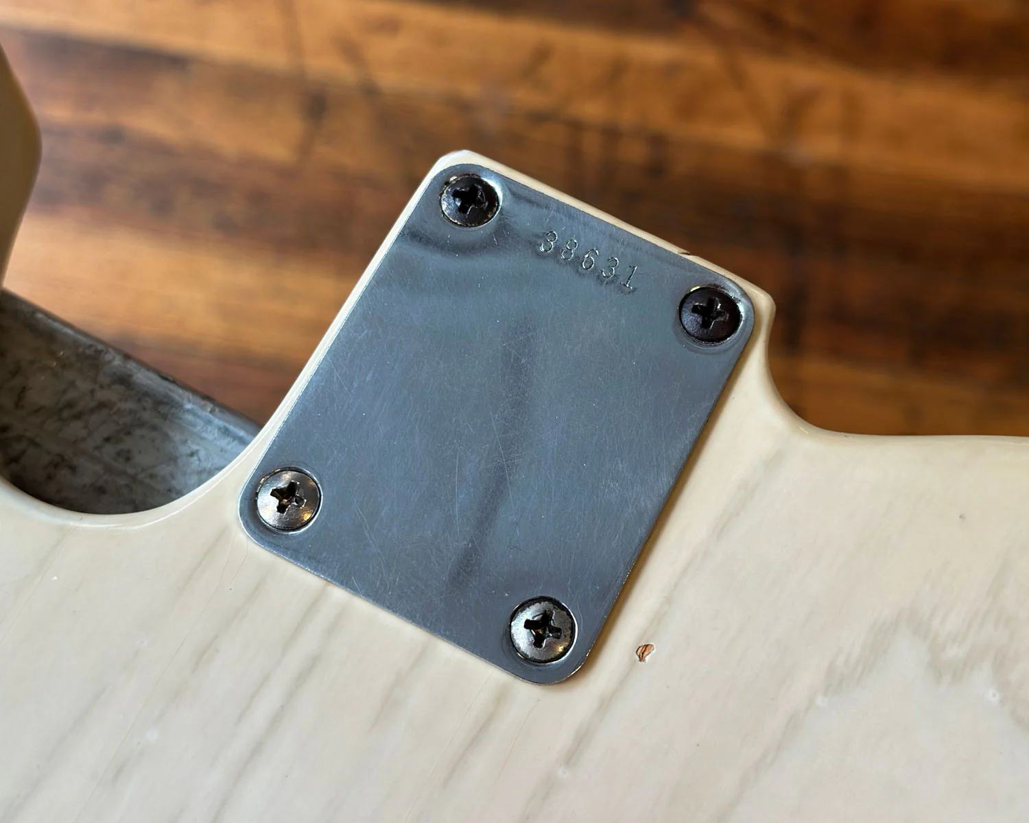 Original 1959 Fender Neckplate for Stratocaster, Telecaster, Jazzmaster, Precision Bass, Mustang w/ Full Thread Mounting Screws - Serial #38631 - Image 5